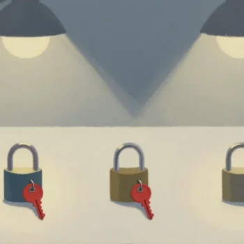 Gouache painting of three padlocks on a bench, each with a vermilion key in it