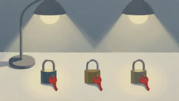 Gouache painting of three padlocks on a bench, each with a vermilion key in it