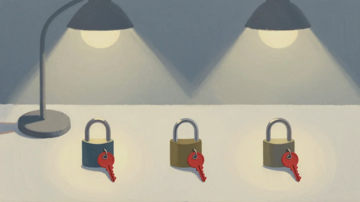 Gouache painting of three padlocks on a bench, each with a vermilion key in it