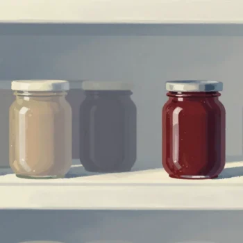 Gouache painting of a pantry shelf of jars with uneven gaps beside a snug shelf, with one vermilion jar alone
