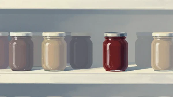 Gouache painting of a pantry shelf of jars with uneven gaps beside a snug shelf, with one vermilion jar alone