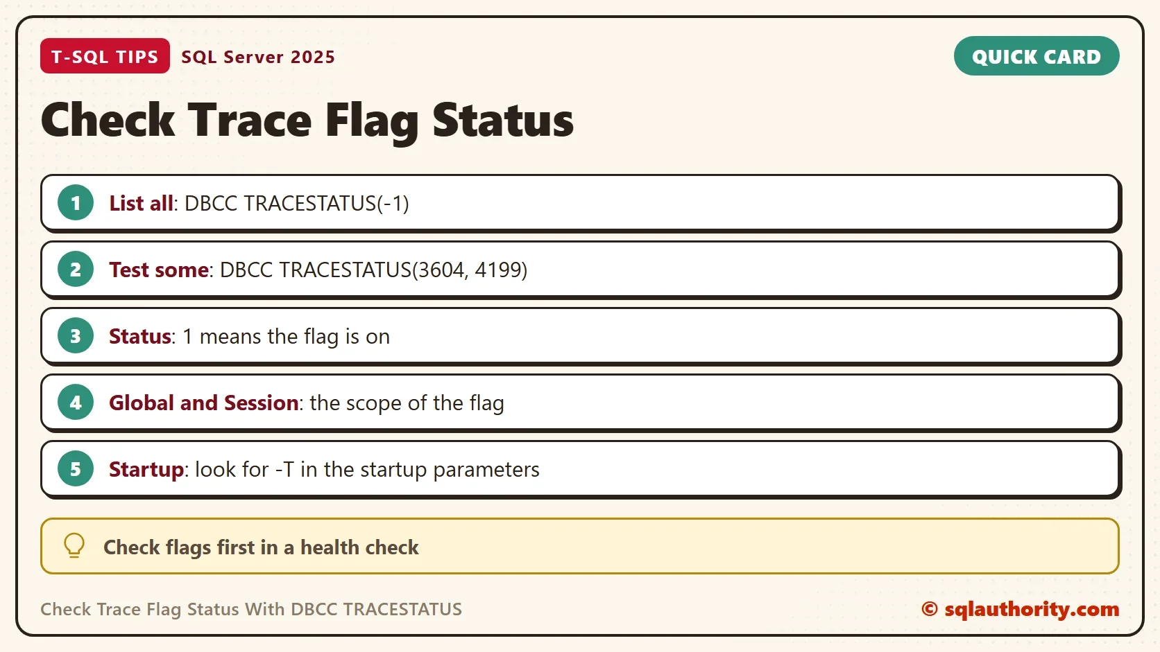 Quick card titled Check Trace Flag Status: List all: DBCC TRACESTATUS(-1); Test some: DBCC TRACESTATUS(3604, 4199); Status: 1 means the flag is on; Global and Session: the scope of the flag; Startup: look for -T in the startup parameters. Tip: Check flags first in a health check