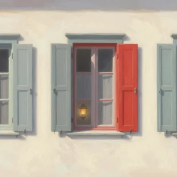 Gouache painting of a cottage wall with closed shutters and one open vermilion shutter