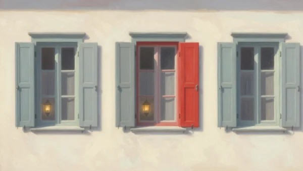Gouache painting of a cottage wall with closed shutters and one open vermilion shutter