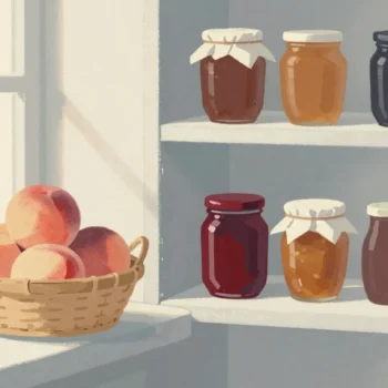 Gouache painting of a basket of fresh peaches beside a shelf of preserve jars, some with cloth tops, one deep red jar