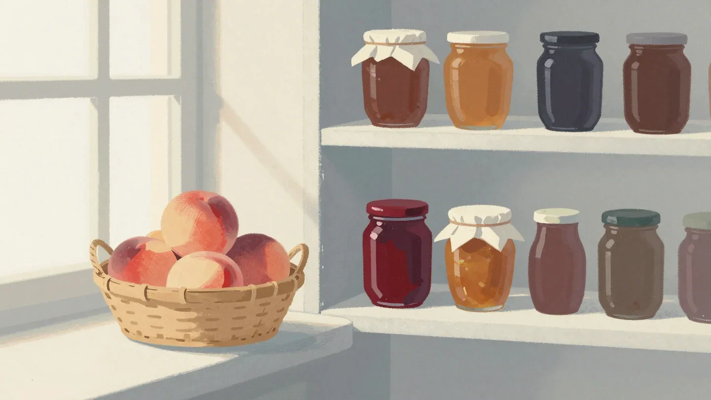 Gouache painting of a basket of fresh peaches beside a shelf of preserve jars, some with cloth tops, one deep red jar