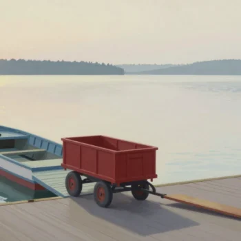 Gouache painting of a vermilion cart rolling crates up a wide ramp onto a boat while a narrow plank stands unused