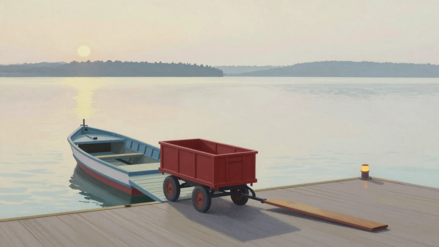 Gouache painting of a vermilion cart rolling crates up a wide ramp onto a boat while a narrow plank stands unused