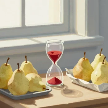 Gouache painting of a sand timer with vermilion sand between two trays of pears on a wooden table