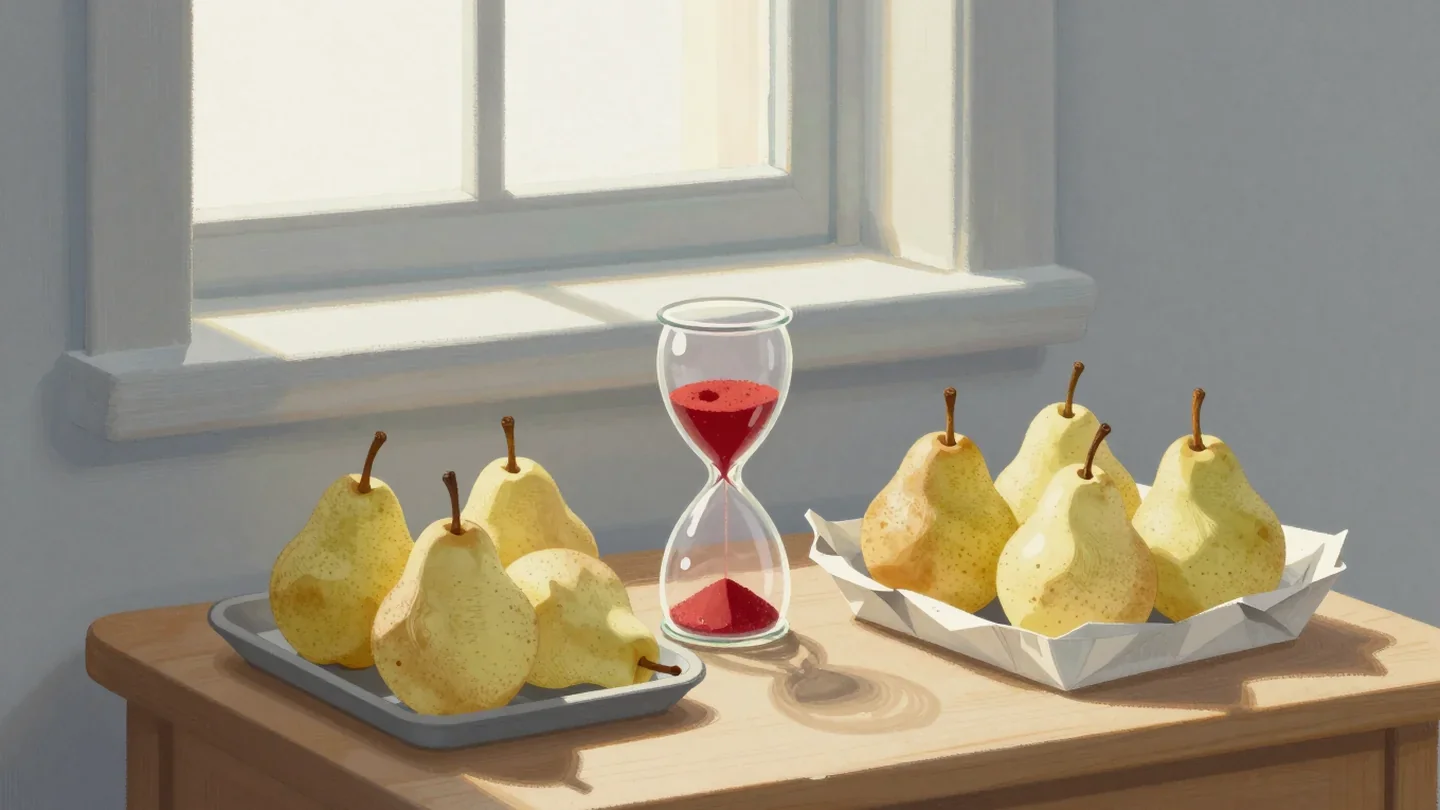 Gouache painting of a sand timer with vermilion sand between two trays of pears on a wooden table