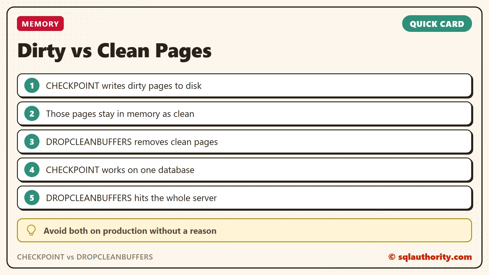 Quick reference card: CHECKPOINT vs DBCC DROPCLEANBUFFERS