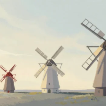 Gouache painting of three windmills of different sizes in a meadow, the small one with vermilion sails