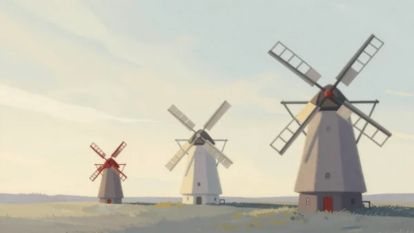 Gouache painting of three windmills of different sizes in a meadow, the small one with vermilion sails