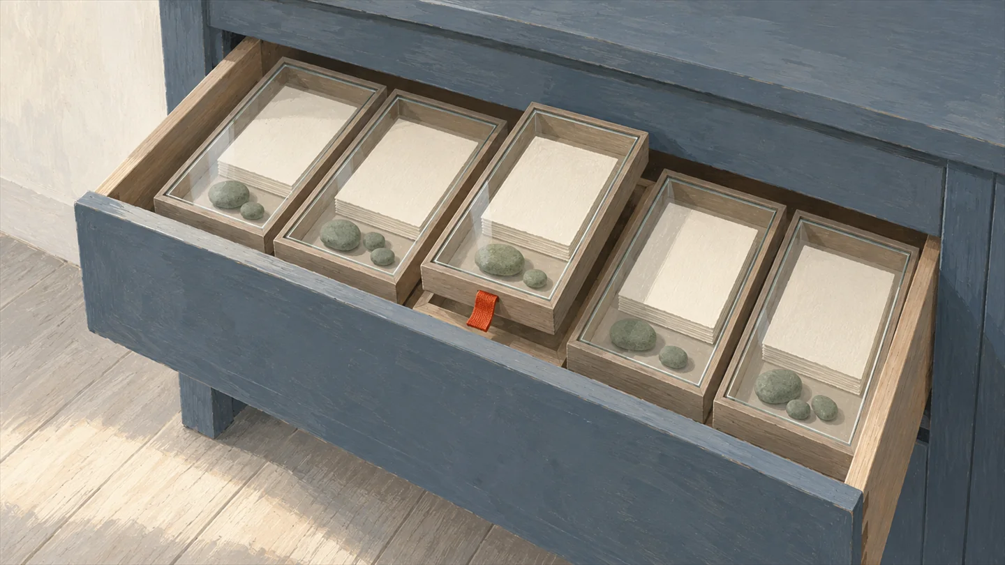 Gouache painting of a wooden drawer pulled halfway out of a slate-blue cabinet, glass-sealed sample trays inside and one tray with a vermilion ribbon tab