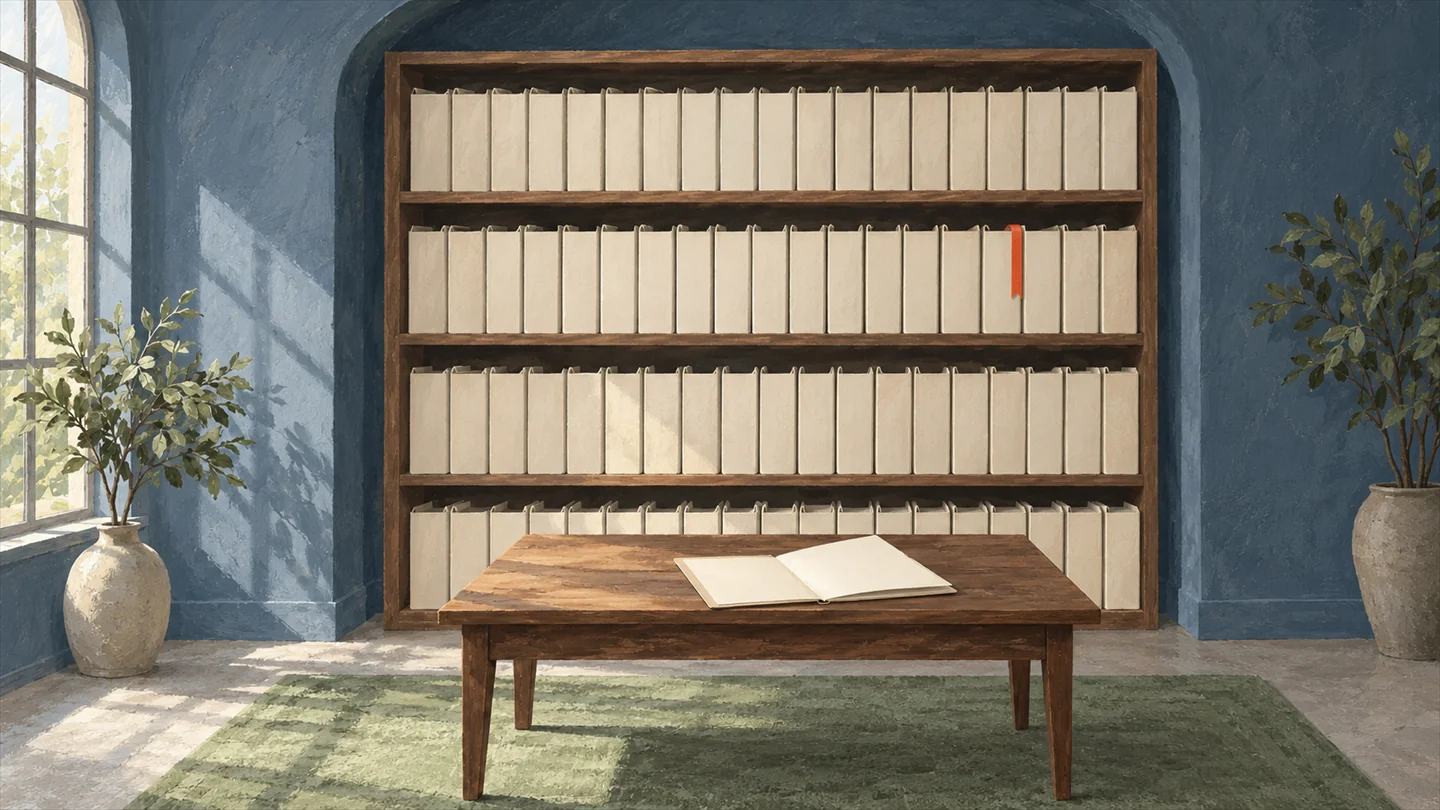 Gouache painting of an archive alcove in a slate blue wall, shelves of identical cream folders, one with a vermilion ribbon bookmark, and an open folder on a wooden reading table