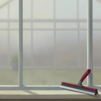 Gouache painting of a greenhouse wall with one clean pane and a vermilion squeegee on the sill