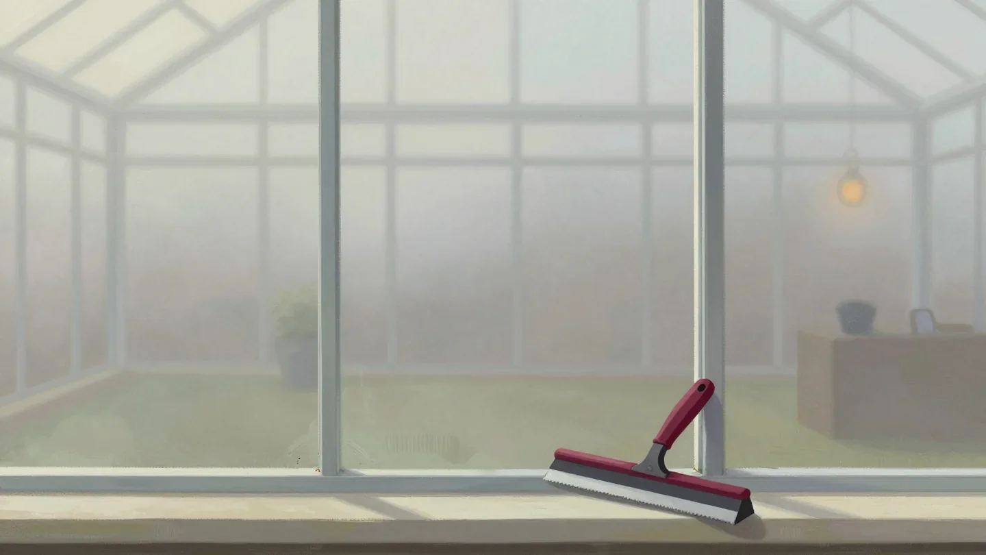 Gouache painting of a greenhouse wall with one clean pane and a vermilion squeegee on the sill