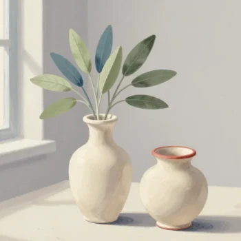 Gouache painting of a cream vase with sage branches beside a smaller empty cream vase with a vermilion rim