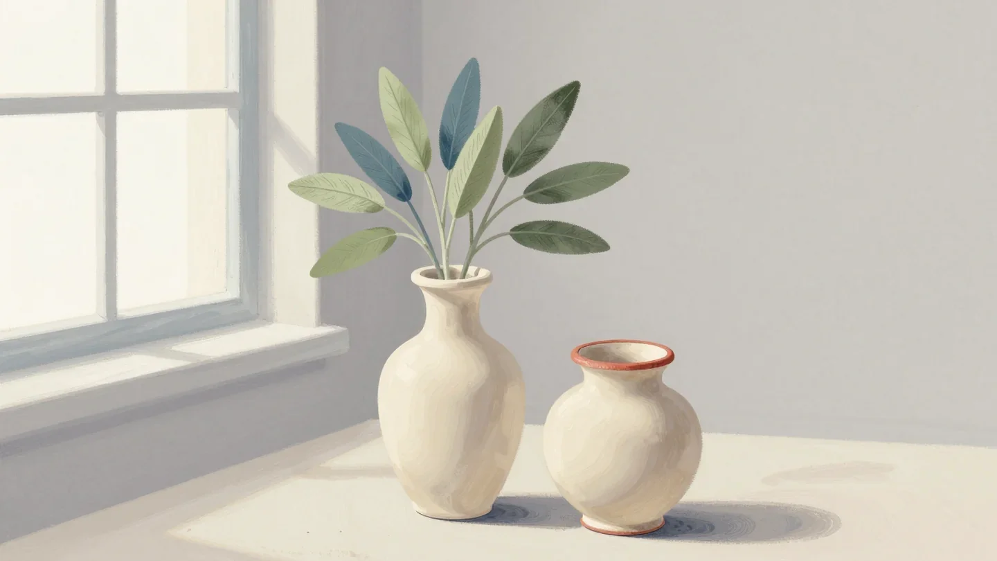 Gouache painting of a cream vase with sage branches beside a smaller empty cream vase with a vermilion rim