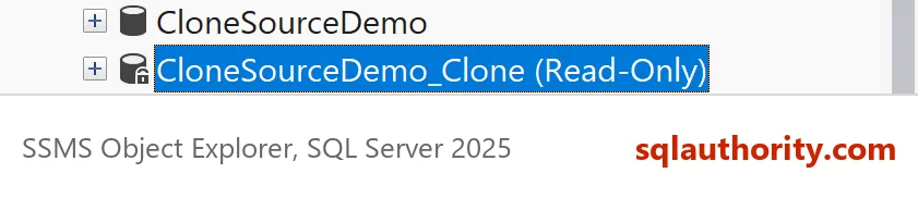 Object Explorer showing the clone CloneSourceDemo_Clone marked Read-Only