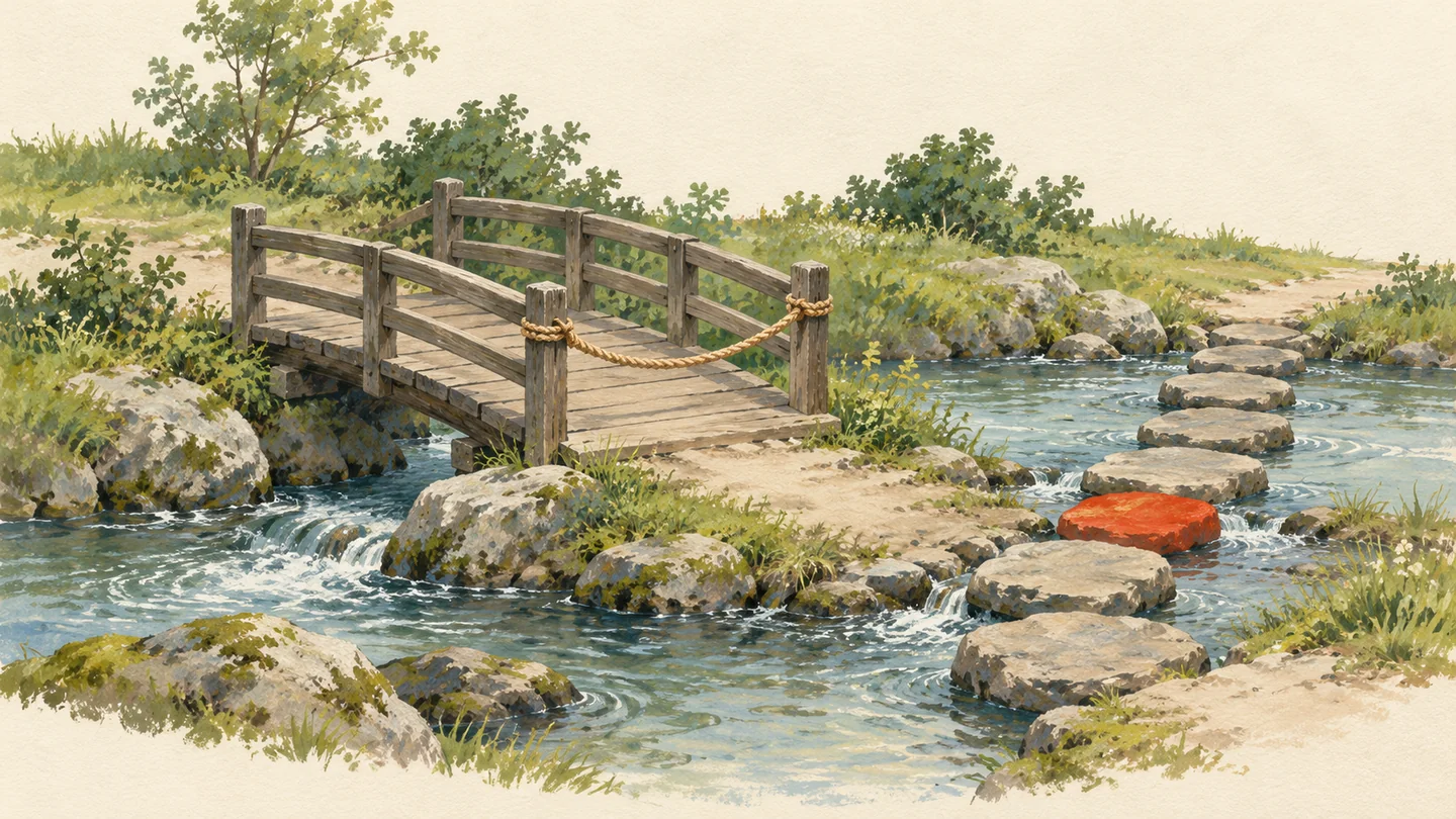 Gouache painting of a quiet stream with a roped-off footbridge and a path of flat stepping stones laid beside it, one stone painted vermilion