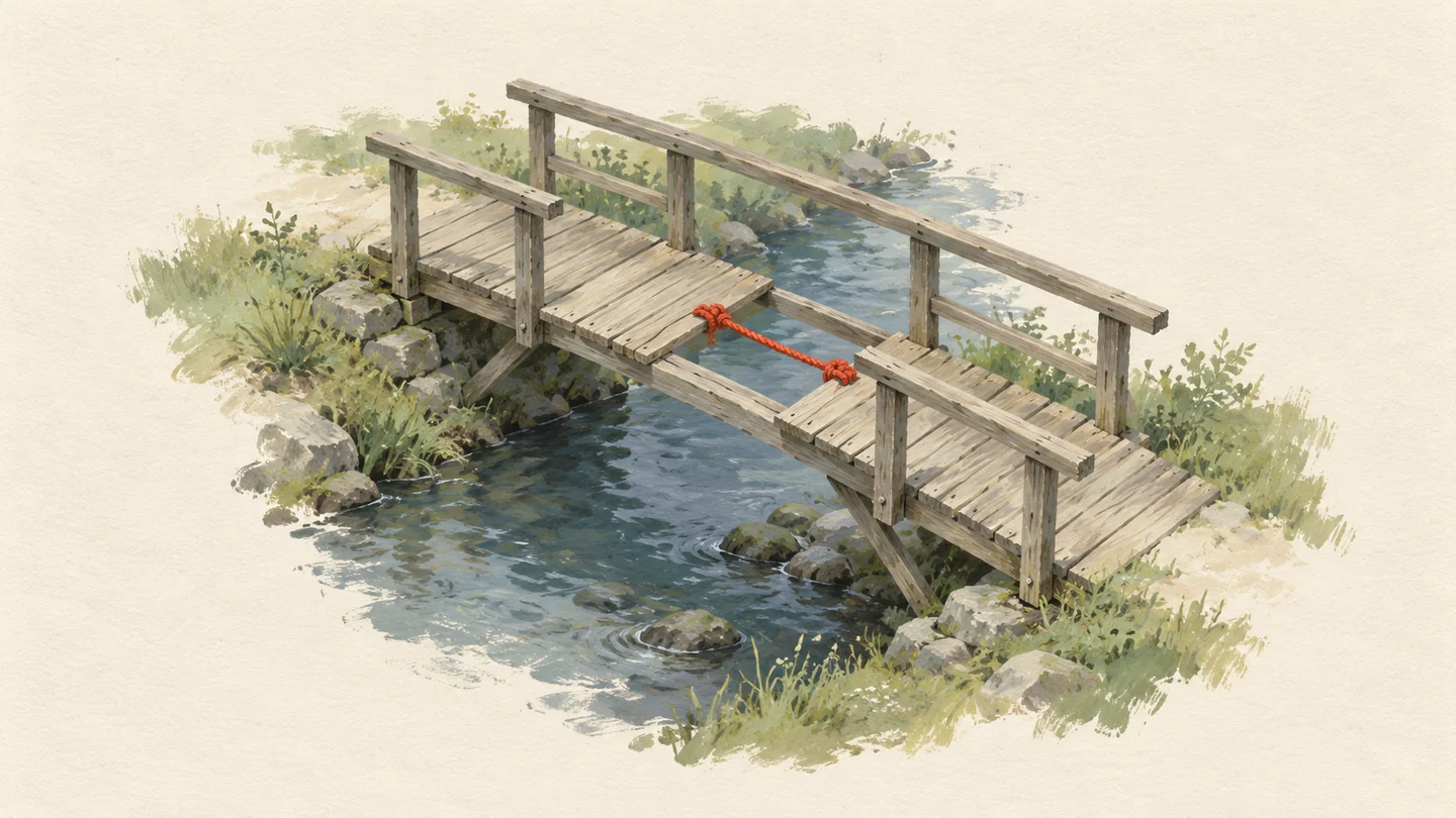 Gouache painting of a small wooden footbridge over a quiet stream, with one plank missing in the middle and a vermilion rope tied across the gap