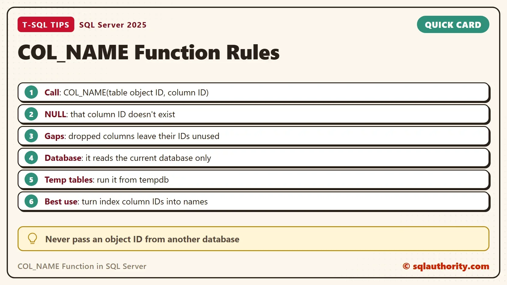 Quick card titled COL_NAME Function Rules: Call: COL_NAME(table object ID, column ID); NULL: that column ID doesn't exist; Gaps: dropped columns leave their IDs unused; Database: it reads the current database only; Temp tables: run it from tempdb; Best use: turn index column IDs into names. Tip: Never pass an object ID from another database