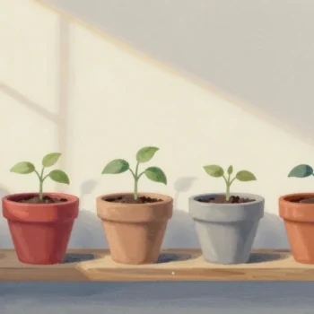 Gouache painting of a shelf of identical clay flowerpots with seedlings, the second pot painted vermilion