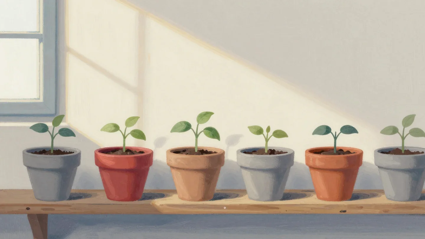 Gouache painting of a shelf of identical clay flowerpots with seedlings, the second pot painted vermilion