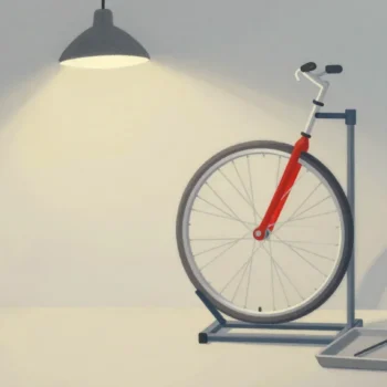 Gouache painting of a bicycle wheel on a repair stand with a vermilion fork and a tool tray beside it
