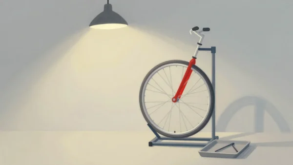 Gouache painting of a bicycle wheel on a repair stand with a vermilion fork and a tool tray beside it
