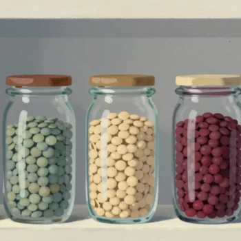 Gouache painting of tall narrow pantry jars of different lentils with one jar of vermilion lentils