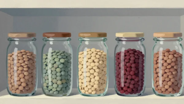 Gouache painting of tall narrow pantry jars of different lentils with one jar of vermilion lentils