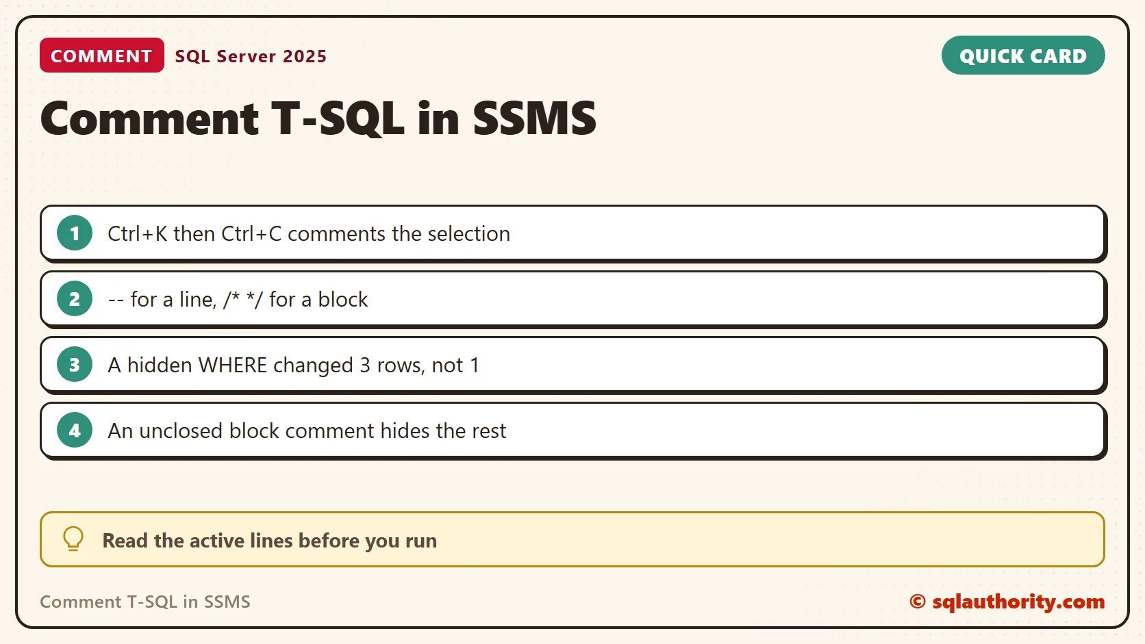 Quick reference card: Comment T-SQL in SSMS: SQL in Sixty Seconds #019
