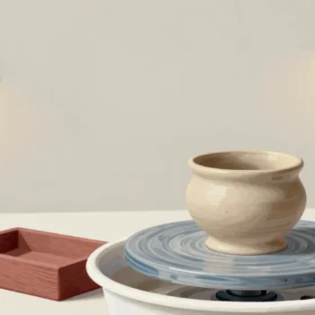 Gouache painting of a clay pot beside the vermilion wooden form it was shaped around