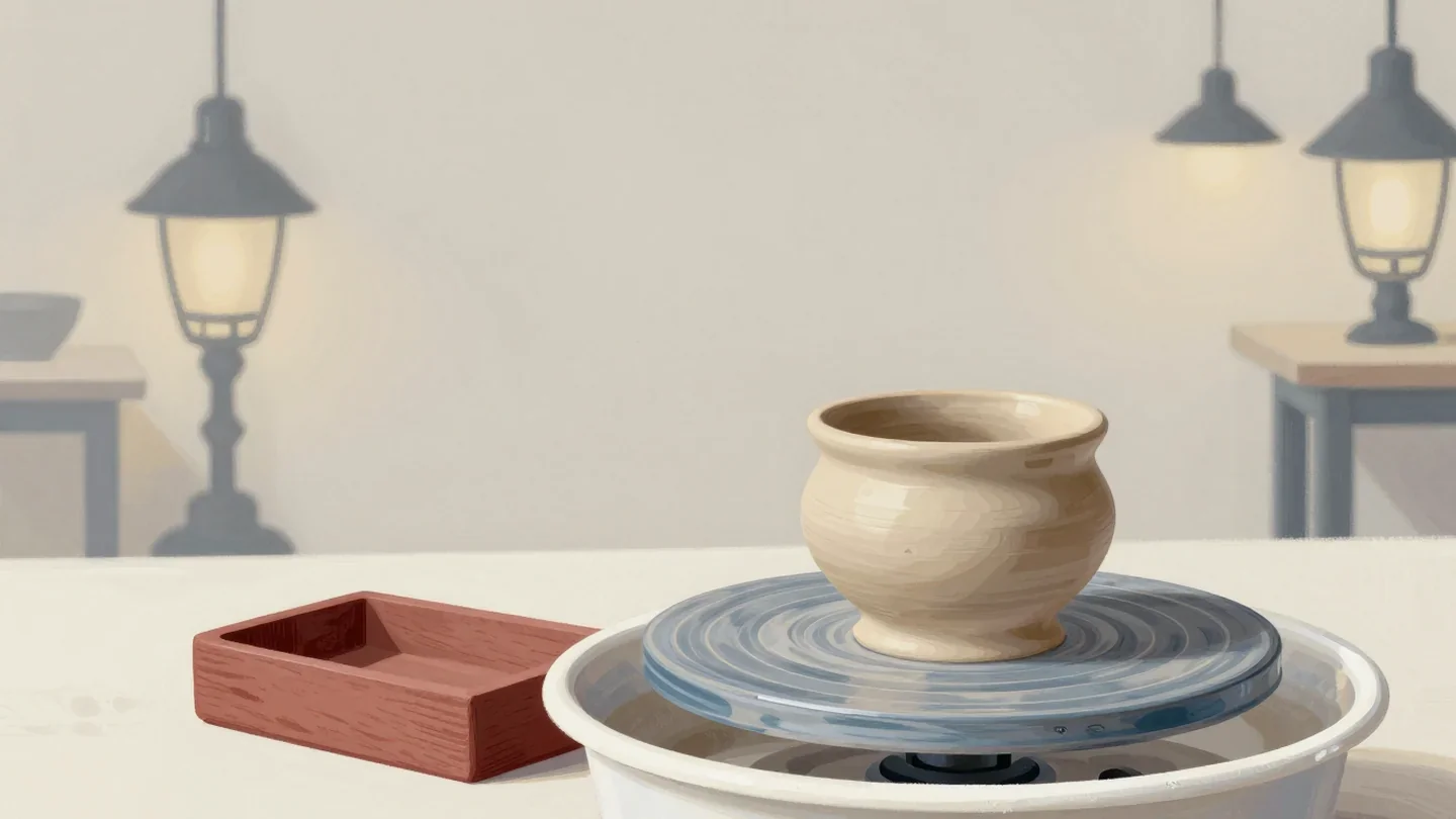 Gouache painting of a clay pot beside the vermilion wooden form it was shaped around