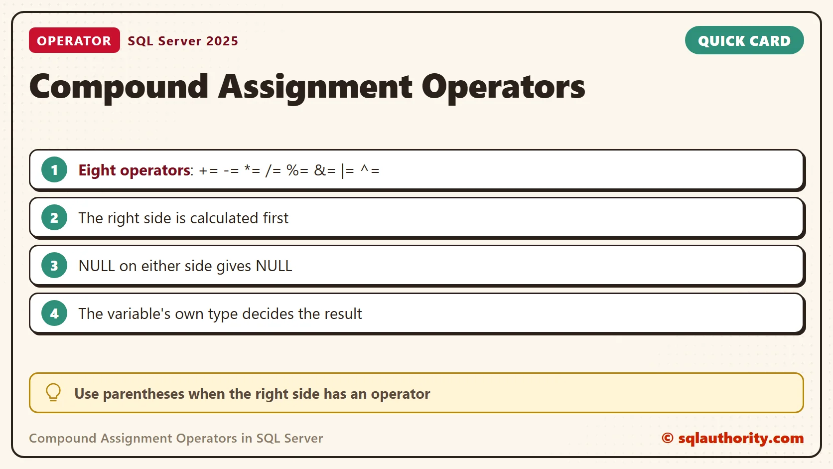 Quick reference card: Compound Assignment Operators in SQL Server: SQL in Sixty Seconds #009