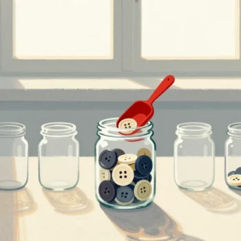 Gouache painting of one jar of buttons being topped up by a small red scoop while spare empty jars stand unused