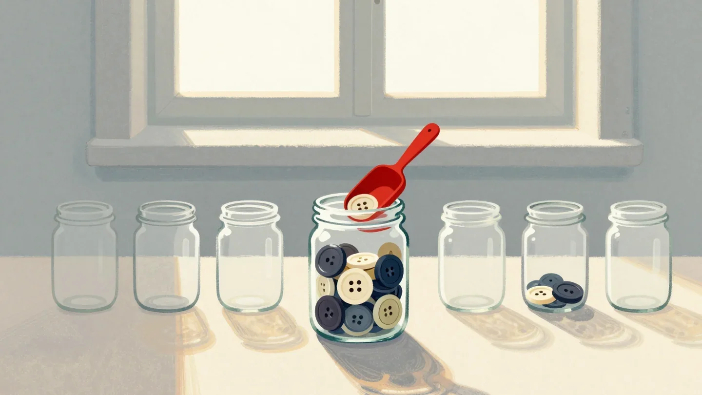 Gouache painting of one jar of buttons being topped up by a small red scoop while spare empty jars stand unused