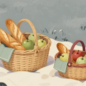Gouache painting of a large picnic basket of bread and green apples beside a small neatly packed basket with a vermilion handle