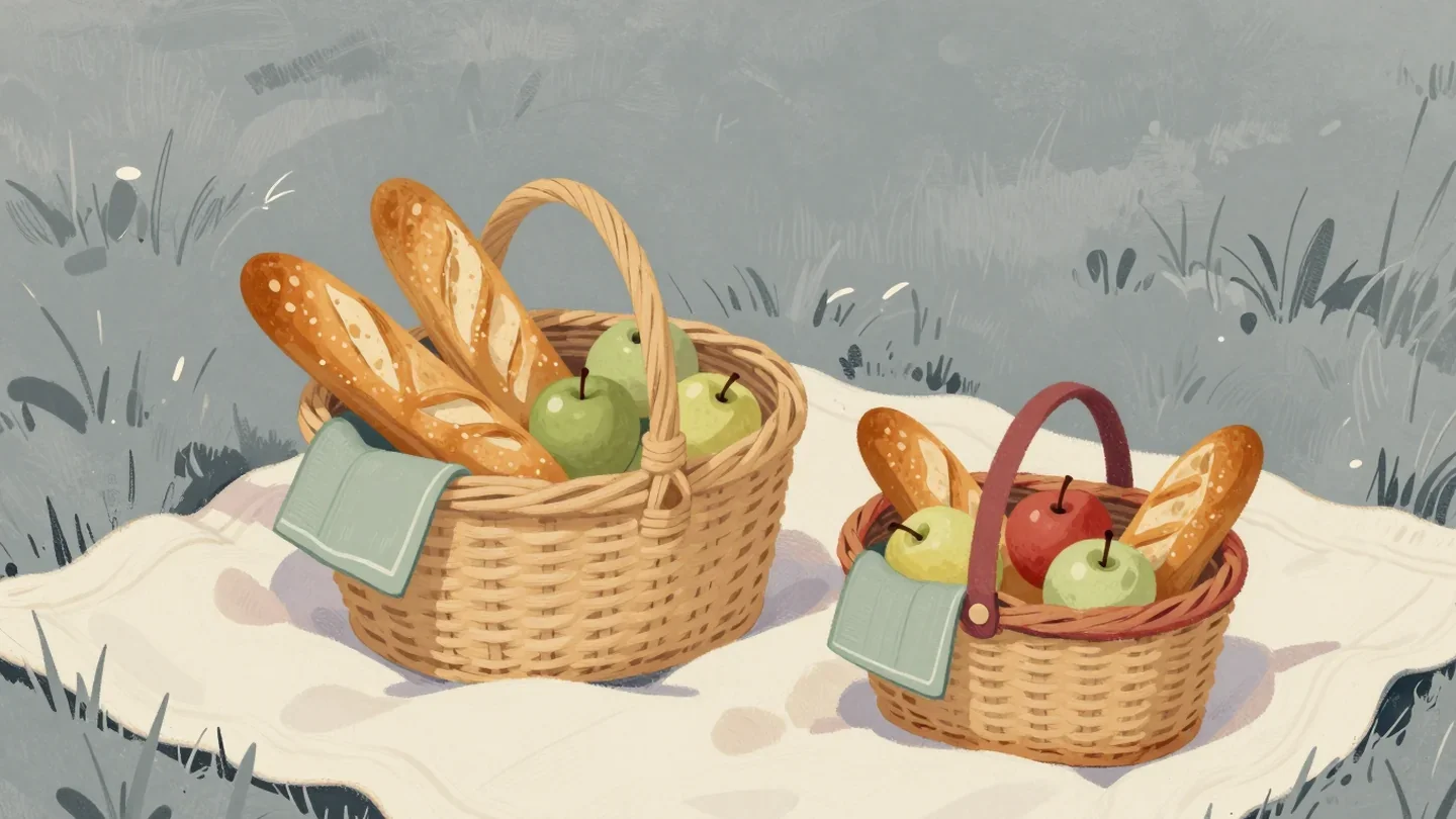 Gouache painting of a large picnic basket of bread and green apples beside a small neatly packed basket with a vermilion handle