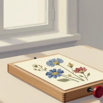 Gouache painting of a wooden flower press with a vermilion screw knob not yet tightened