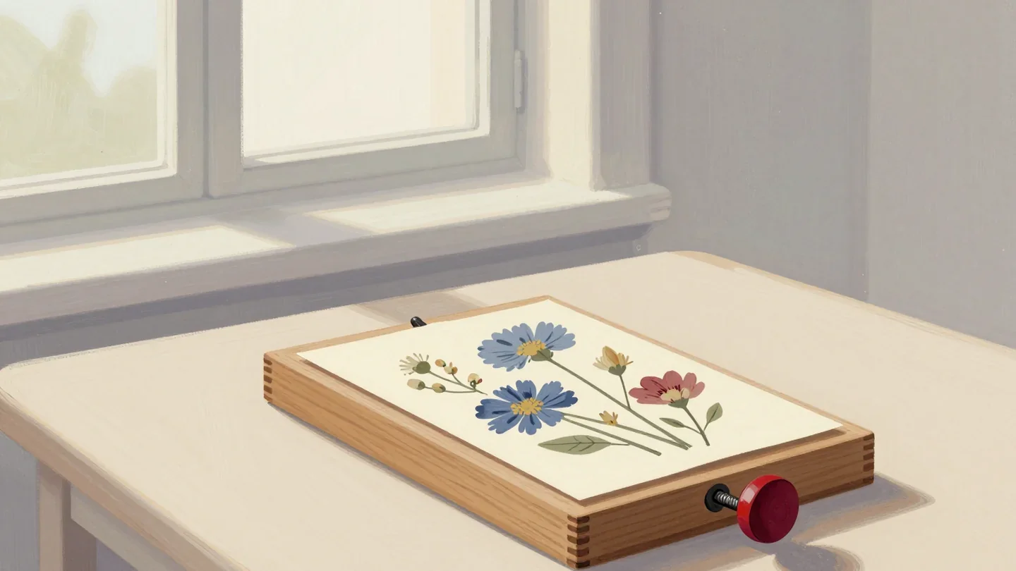 Gouache painting of a wooden flower press with a vermilion screw knob not yet tightened
