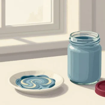 Gouache painting of a dish of paint being mixed beside a jar of pre-mixed paint with a vermilion lid