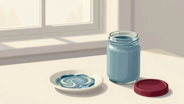 Gouache painting of a dish of paint being mixed beside a jar of pre-mixed paint with a vermilion lid
