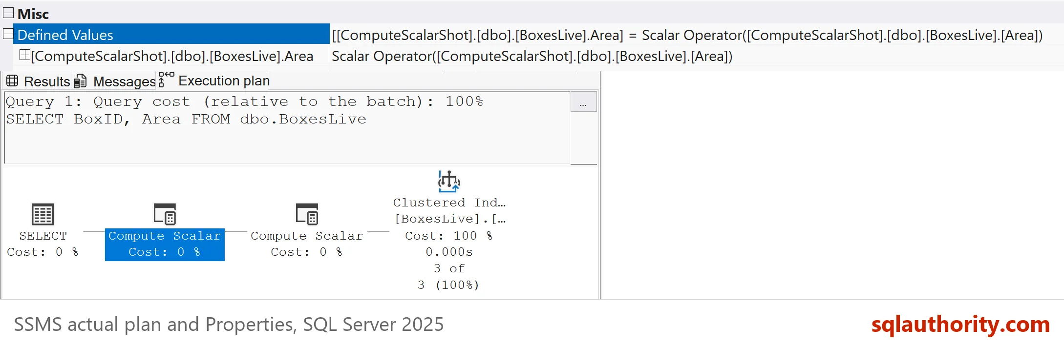 SSMS actual plan of SELECT BoxID, Area with the upper Compute Scalar selected: its Defined Values row defines the Area column as a Scalar Operator over the Area column, shown above the plan with SELECT, two Compute Scalar operators and a Clustered Index Scan.