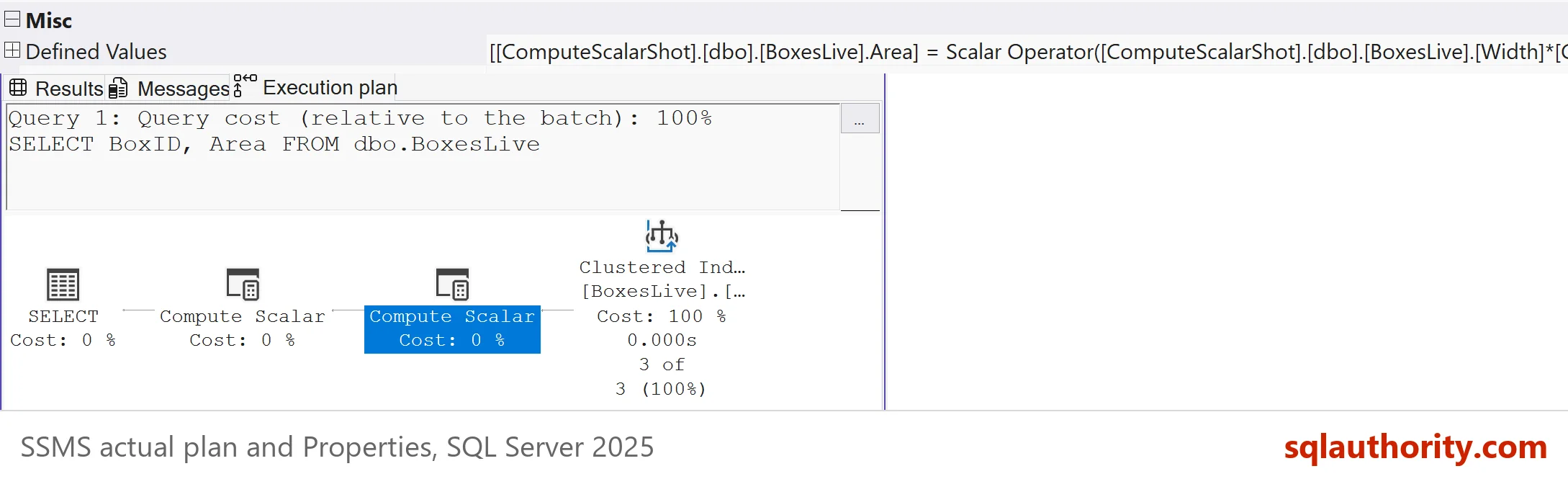 SSMS actual plan with the lower Compute Scalar selected and its Defined Values row showing Area computed from Width times Height.