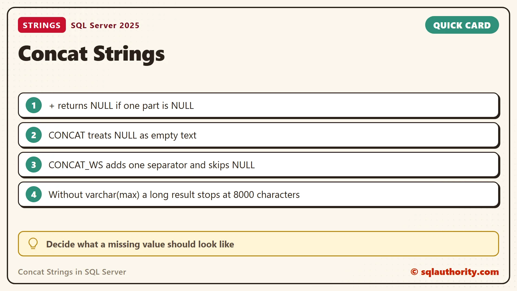 Quick reference card: Concat Strings in SQL Server: SQL in Sixty Seconds #035