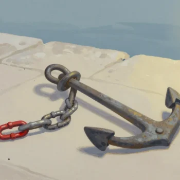 Gouache painting of a harbor anchor chain broken in two by a missing link, with the lone link painted red