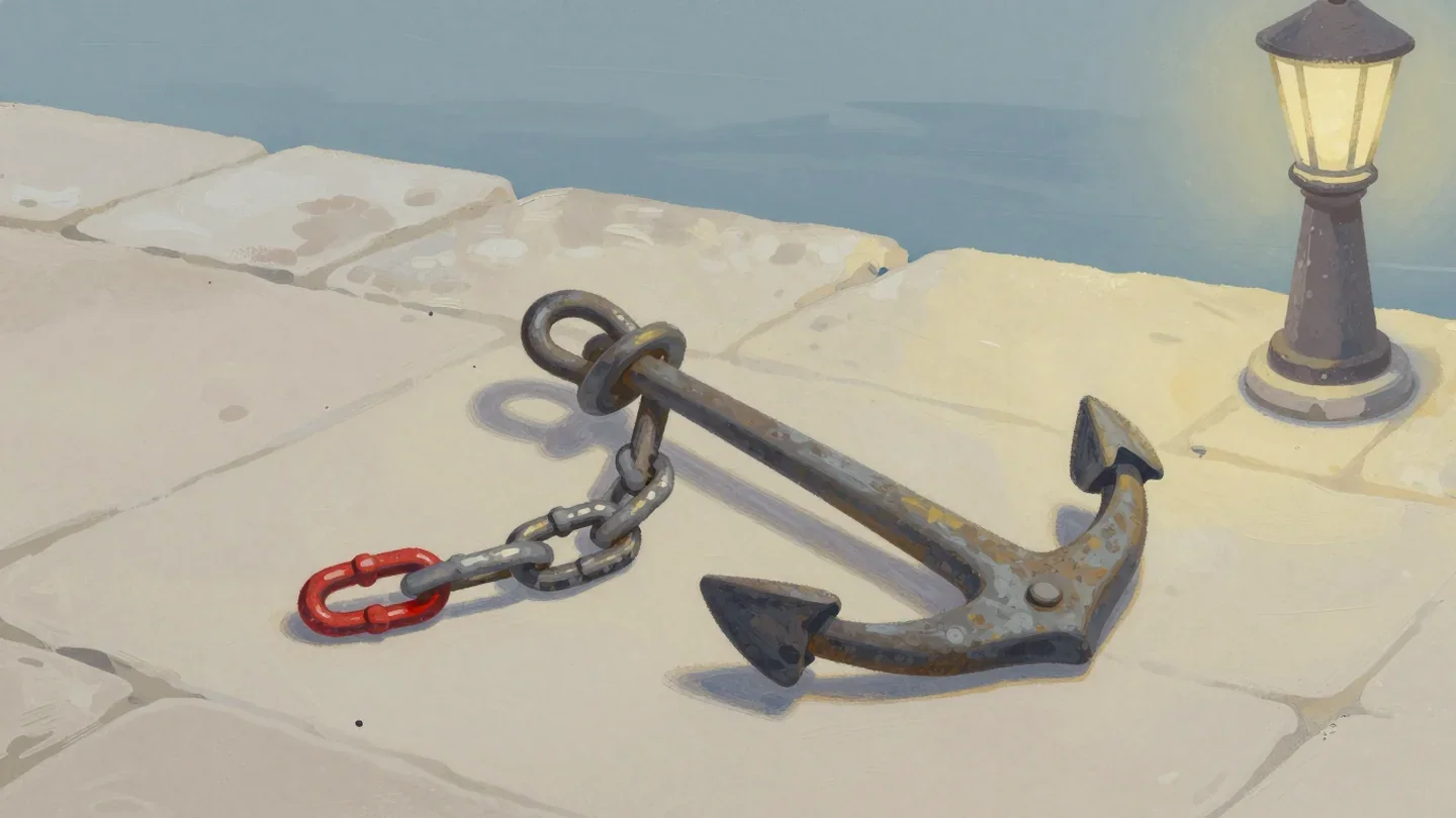Gouache painting of a harbor anchor chain broken in two by a missing link, with the lone link painted red